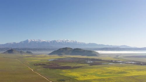 Drone flight 1 of 4 high above bright yellow wild flowers. in a valley surrounded by mountains with