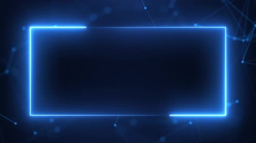 Abstract neon glow frame and movement of digital particles and plexus, stage for product
