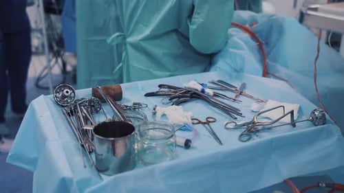 Equipment in room of hospital. Close up view of medical tools on table