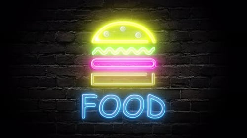 Animated Neon Food Sign with Hamburger Icon