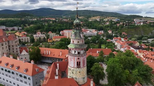 Beautiful Aerial Establishing Overview of Krumlov Castle and Saint Judoc Church in Cesky Krumlov