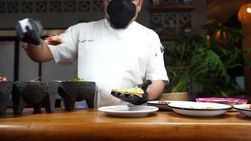 Chef Preparing Taco in Restaurant Kitchen
