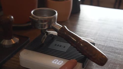 Empty Portafilter On Digital Coffee Scale. close up