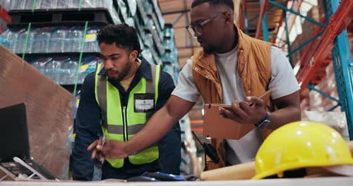 People, notebook and laptop for shipping in warehouse with supply chain, discussion and order info