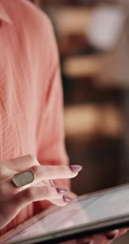 Tablet, hands and businesswoman in office with typing email for feedback on creative project
