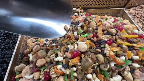 Various dried fruits from Afghanistan mixed and kept in display at an exhibition.