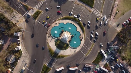 Busy City Roundabout Traffic Flow Fountain Aerial Drone View Timelapse