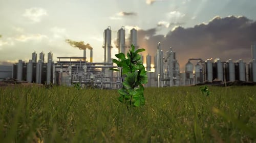 Tree And A Factory Emitting Smoke, Highlighting Environmental Issues