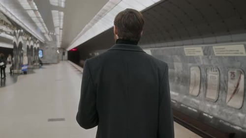 Mann geht mit der U-Bahn die Eisenbahn entlang