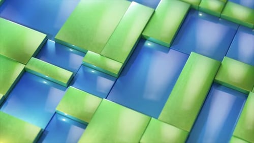 Green Rectangular Bars are Smoothly Sliding and Rotating on a Vibrant Blue Surface Creating a