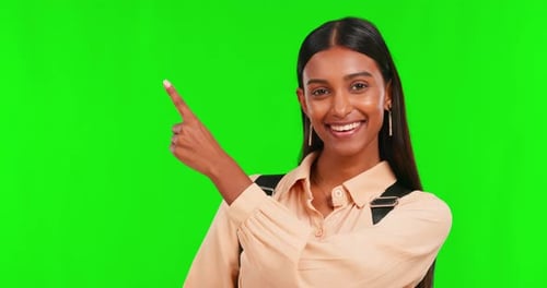 Green screen, happy girl or portrait of student pointing school list, menu