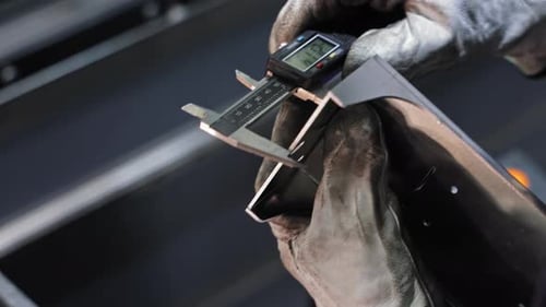 Un ouvrier ganté mesure un composant métallique à l'aide d'un pied à coulisse numérique, procédé d'ingénierie de précision en