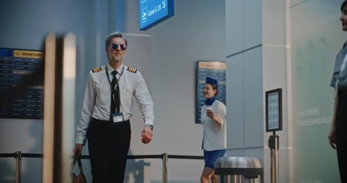Flight Crew in Airport Terminal Airline Captain Stewardesses Passing By Security Checkpoint