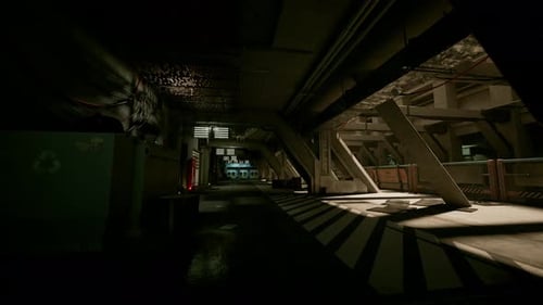 Abandoned Concrete Corridor Illuminated By Eerie Green Neon Glow