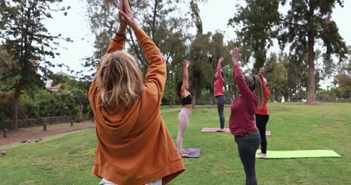 Yoga class at city park in the USA embraces a healthy lifestyle and wellness