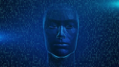 Tecnología digital, mente humana, inteligencia artificial, cara de persona, ficción, fondo de animación 3D
