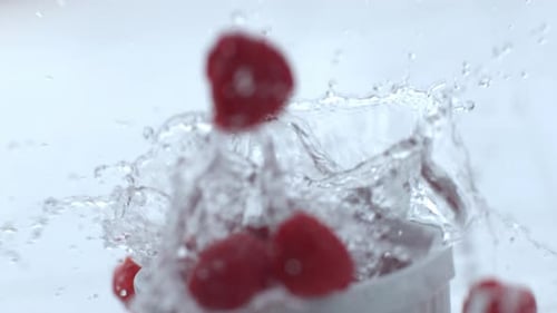 Raspberries falling into a water-filled bowl