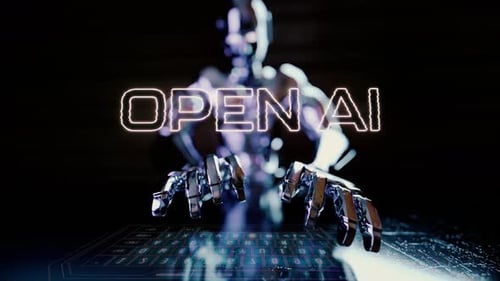 Open Ai Text Animated With Ai Robot Businessman Typing On A Futuristic Keyboard
