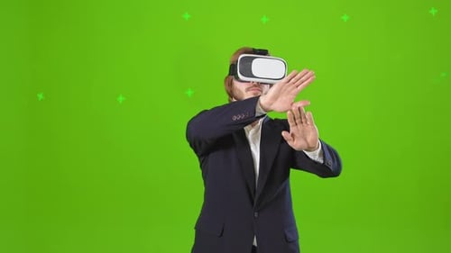 Man Standing Wearing Virtual Glasses Watching Reality