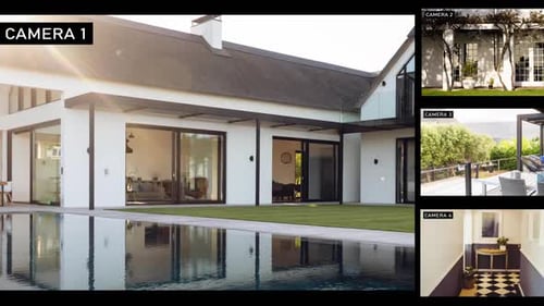 Split screen with four security camera views of luxury home, slow motion
