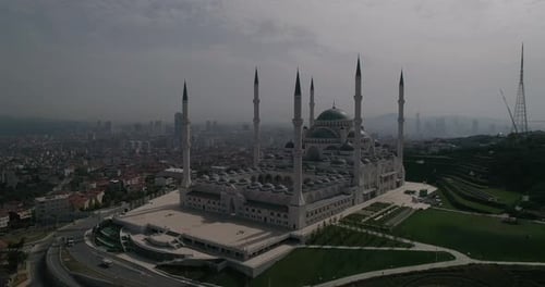 Aerial video around the Camlica mosque, with six minarets Turkey