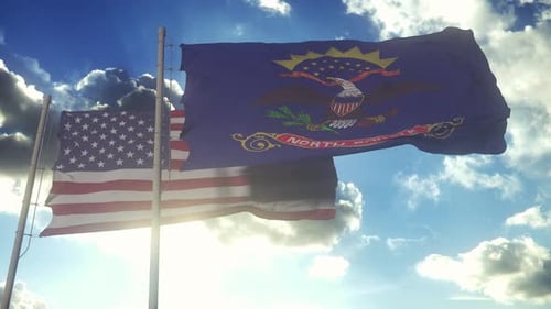 Realistic Waving USA and North Dakota Flags