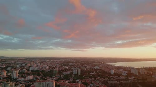 Panoramic View Coastal City Under Picturesque Golden Sunset Orange Sundown