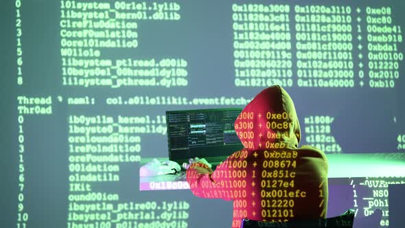 Hooded Coder Working at Computer in Dark Setting, Technology Stock ...