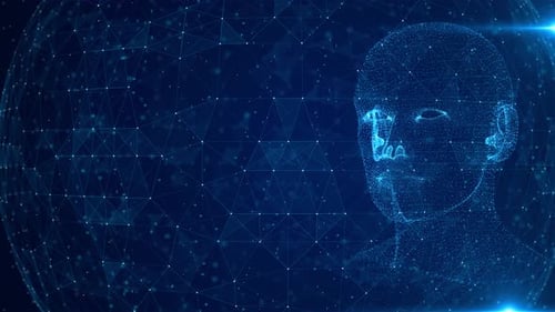 Futuristic Digital AI Head and Network Loop Background