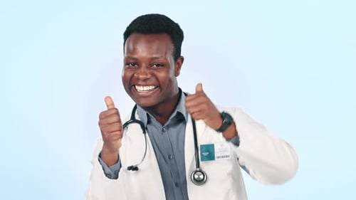 Man, doctor and thumbs up, healthcare success or celebration, thank you