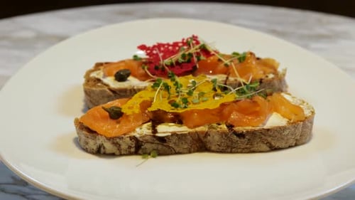 Close Up of Bruschetta with Sliced Salted Salmon Healthy and Wholesome Food Serving Food in a
