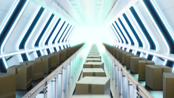 Carton Boxes Moving on Conveyors at Futuristic Warehouse 3d Animation ...