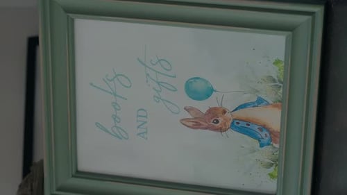 Rabbit Print with Blue Balloon in Green Frame