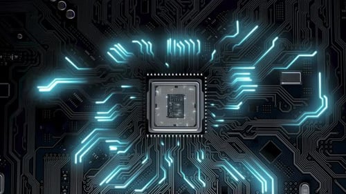 Futuristic Circuit Board with Glowing CPU and Data Flow