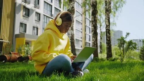 Junge erwachsene schwarze Frau, die mit Laptop im Park arbeitet, auf Gras sitzt und im Internet surft