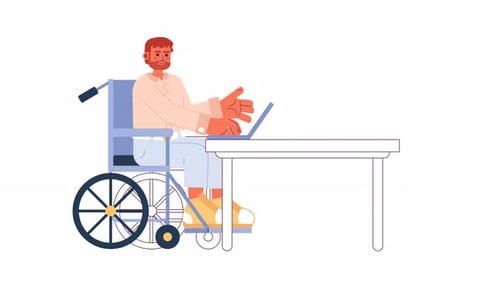 Animated Wheelchair User Typing on Laptop in Flat Design Style