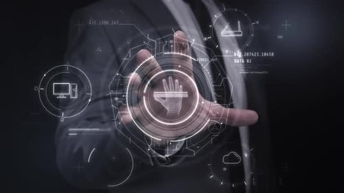 Futuristic HUD with Technology Icons and Abstract Data Interface