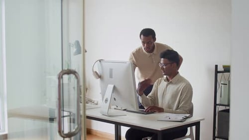 Male Coworkers Developing Business Plan on Computer at Office