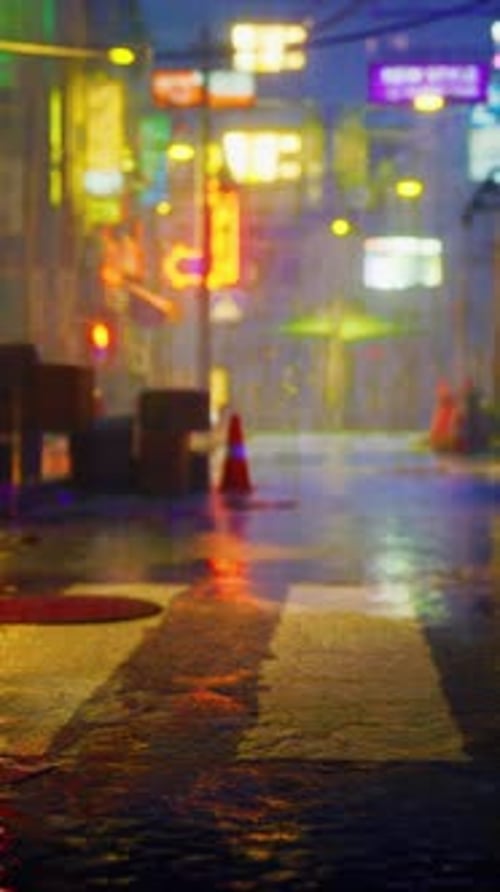 Night City Street With Traffic Lights