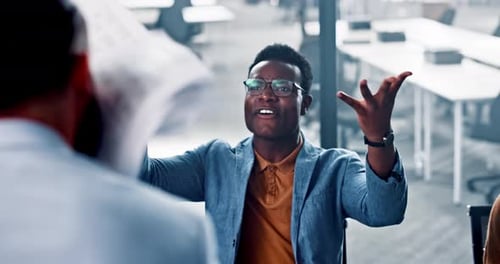 Angry businessman, throwing papers and conflict at work with colleague, boss