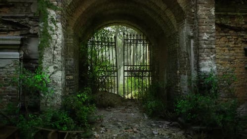 Porte en fer forgé abandonnée dans une arche en pierre patinée avec des mauvaises herbes luxuriantes
