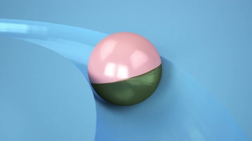 3D golden and pink ball rolling along a sky blue minimal path seen from behind. Maze gameboard.