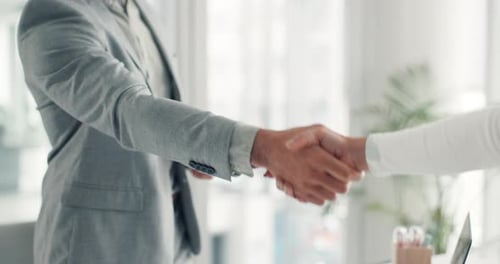 Business people, meeting and handshake with introduction for agreement, b2b or deal in office