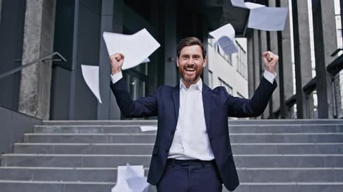 Successful Happy Caucasian Man Businessman Guy Winner Entrepreneur Male Leader Boss Throw Papers