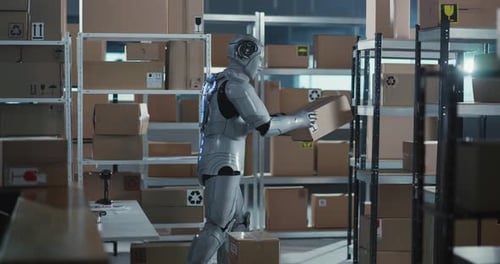 Cybernetic Worker Robot Carrying and Sorting Parces in Delivery Department Cyborg Making Error