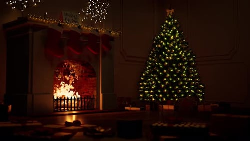 Cozy Christmas Fireplace with Twinkling Tree and Gifts
