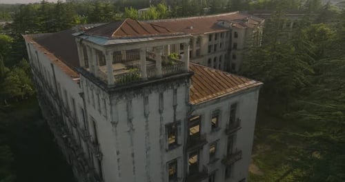 Exterior Of Abandoned Sanatorium Shakhtior In Tskaltubo, Georgia. Urban Exploration. aerial
