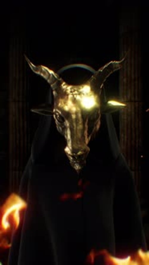 Demonic Figure with Golden Horns and Flames Vertical Animation