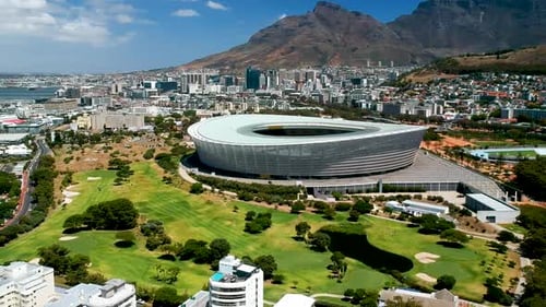 Greenpoint stadium in cape town, rising drone shot