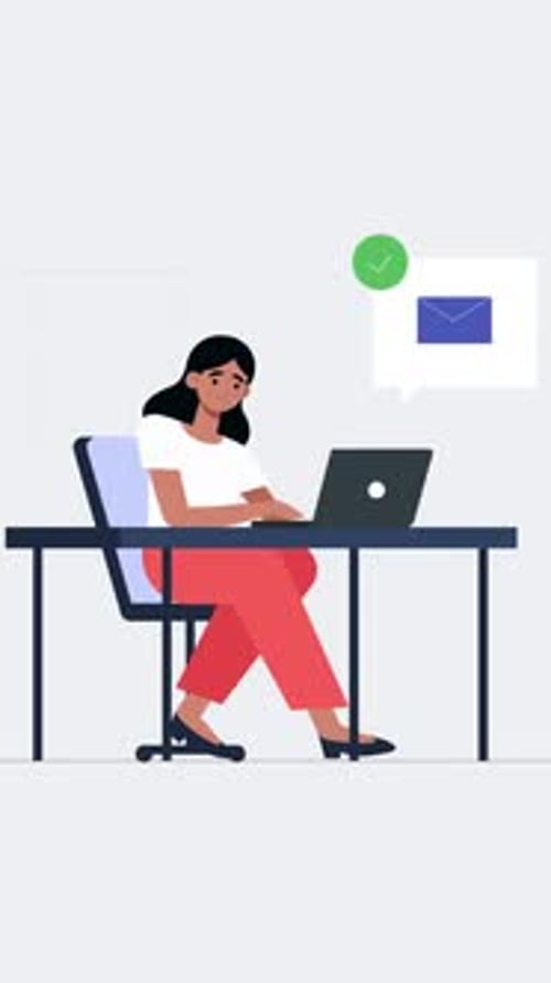 A Black-haired Woman Working In The Office Is Sending E-mails To Her Laptop Vertical